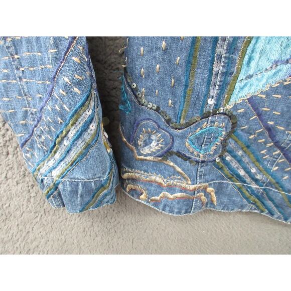 Chico's Design Embroidered Embellished Size 2 (Large) Boho Denim Jacket - Picture 8 of 16